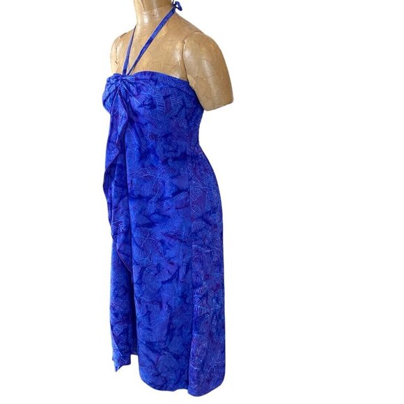Hula Hula Hawaii Halter Dress One Size Blue & Purple Batik Floral #340D - Picture 4 of 8